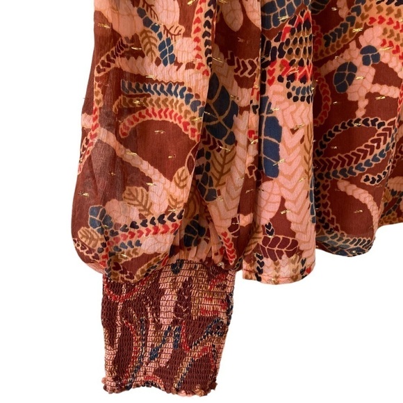 A.L.C. Silk Chiffon Metallic Thread Keyhole blouse High Neck Botanical Print - Picture 5 of 11